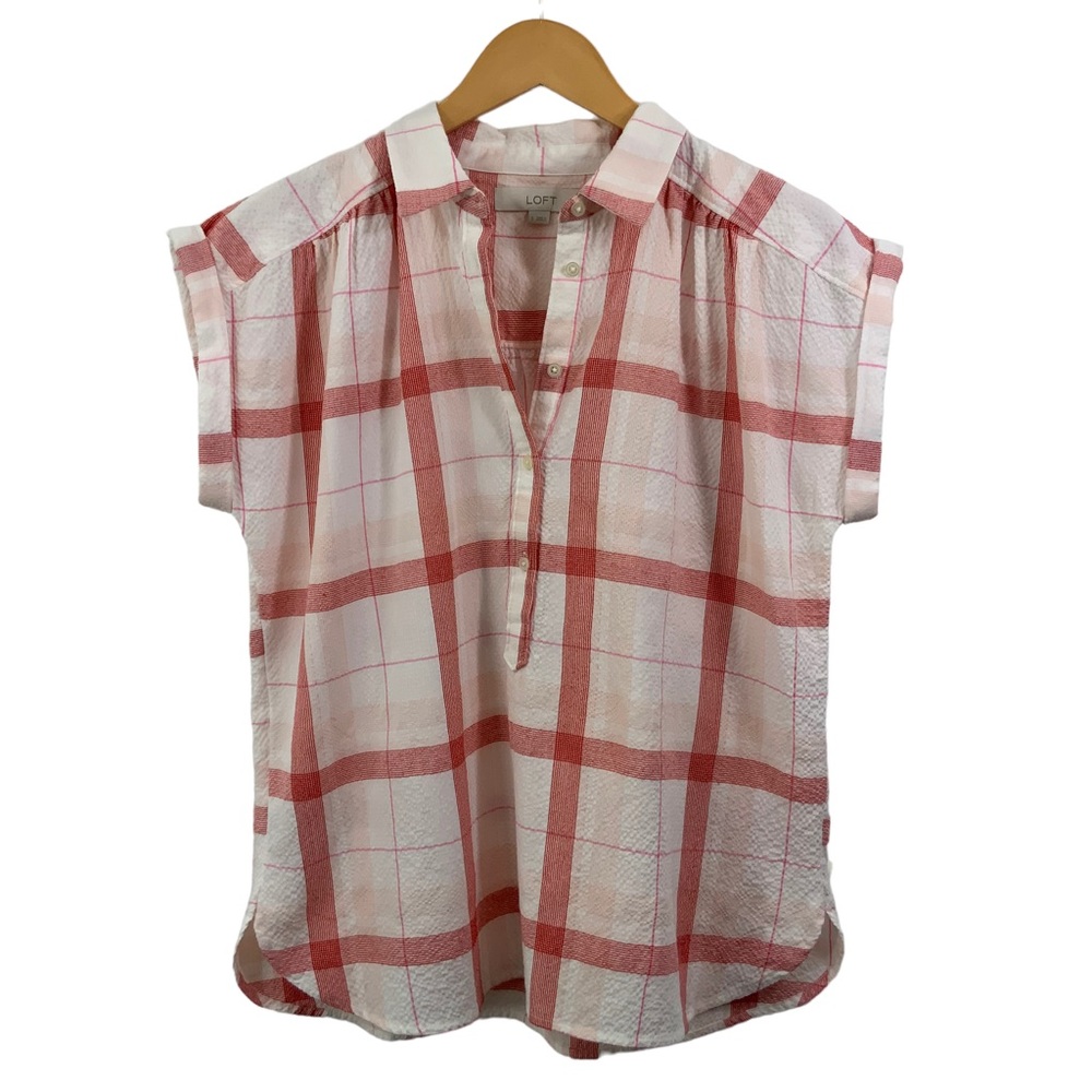 ♻️DONATED 4-30-26♻️ Ann Taylor LOFT Short Sleeve 3/4 Button Down Popover Top - Picture 2 of 11